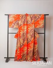 Japanese Kimono Vintage Houmongi Silk Women Robe Red Flower Landscape Tradition picture