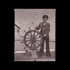 Old Vintage Photo MILITARY MAN SHIP WHEEL AFFECTIONATE picture