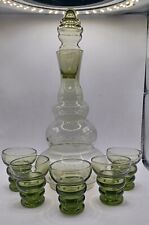 Vintage Rare Olive Green Glass Genie Bottle Decanter & 5 Sherry Shot Glasses picture