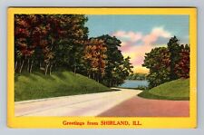 Shirland IL-Illinois, Scenic Greetings Roadway Trees, Water Vintage Postcard picture