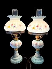 Pair Of Rare Vtg Fenton? Victorian Pale Green Hand Painted Flower Glass Lamp 20” picture