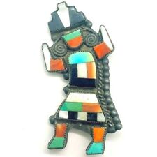 Vintage Zuni Native American Silver Rainbow Dancer Turquoise Corral Stone Brooch picture