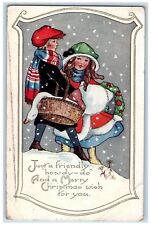 c1910's Merry Christmas Children Goose In Basket Whreat Snowfall Winter Postcard picture