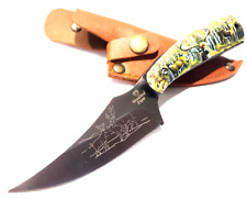 Buck Deer Scene Artwork Sharpfinger Hunting Skinning Knife + Thin Leather Sheath picture