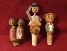 Vtg Anri hand carved wood Bottle stops (3) “Hat Tipper”~”Rosy Cheeks”~”Kissers” picture