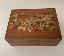 Vtg Wooden Hand-Painted Floral & Bird Jewelry Trinket Box with Hinged Lid picture