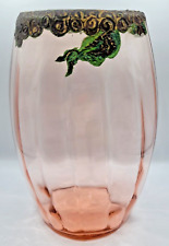 Vintage Pink Depression Glass Vase w/ Copper(?) Detail Vertigres 8.25