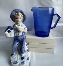 Vintage Cobalt Blue Creamer Shirley Temple & Girl With Birdhouse Blue Figurine picture