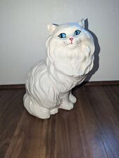 Vntg MCM Persian Large White Ceramic Cat 14” Blue Eyes Sitting Statue Figurine picture