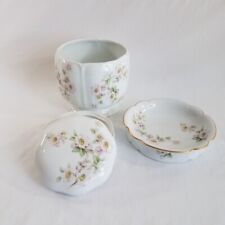 3 PC EME Spain Vintage Porcelain Vase Trinket Dishes White Pink Flowers Vanity picture