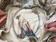 VICTORIAN BEDSPREAD Parrot Bird Embroidery Antique Lace Linen Bed Coverlet Twin picture