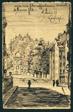 French 1917 Original HAND Drawn Pen & Ink VILLAGE Street Scene Buildings ~ VASTA picture