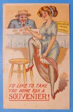 C.1908 Postcard Embossed ~ Pretty Girl Nice Legs in Risque Pose on Bar Stool picture