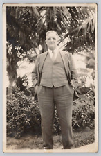 Postcard Vintage RPPC Older Gentleman Suit Tie Hands in Pockets By Palm Trees picture