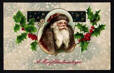 6104 Antique Vintage Christmas Postcard Santa Brown Fur Holly Stars WAVERLY 1908 picture