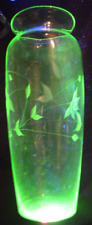 Antique Green Uranium Glass Leaf & Vine Etched Vase 8.5 Inches Depression Glass picture