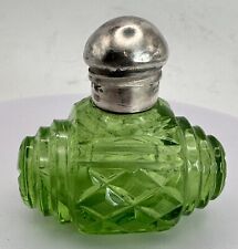 Antique Victorian Perfume Uranium or Vaseline Glass Barrel Shape Silver Top 1900 picture