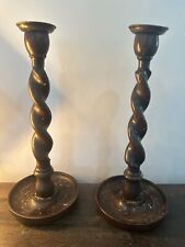 Antique Wood BARLEY TWIST 12”Candlesticks candle holders Set Brass Tops picture