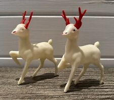 Two Vintage Christmas Soft Plastic Reindeer Posable Leg Red Antlers White Body picture