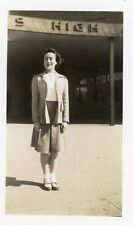 Vintage Photo Young Woman Girl Bobby Socks High School in Background picture