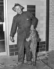 VINTAGE B/W PHOTO NEGATIVE - MAN IN OVERALLS HOLDING HIS VERY LARGE CATFISH picture