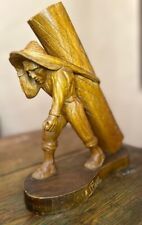 JOSE PINAL WOOD CARVING OF MAN CARRYING ROLLED RUG FROM 1930'S-1940' picture