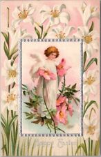 1910s EASTER Embossed Postcard Tiny Angel Girl Lily Flowers *Might Be Clapsaddle picture