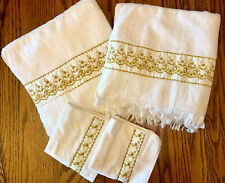 Vintage Springmaid Bath Towel & Washcloth Set White & Gold Embroidery MCM Retro picture