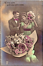 RPPC  Pastel Hand Tint Couple Flowers Fashion Hair Do Studio Posed Z-470 picture