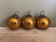 Set Of 3 Vtg Kugel Style Gold Crackle Glass Christmas Ornament Heavy 3