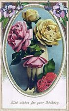 Flowers Roses Glad Wishes For Birthday Greetings Glossy Embossed Postcard picture