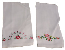 Vintage Linen Tea Towels Printed Needlepoint Pink Roses & Foliage. Set of 2 picture