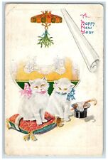 1921 Happy New Year Cute Cats Under Mistletoe Embossed Chicago IL Postcard picture