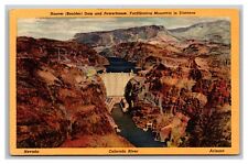 Boulder City NV Hoover Dam Powerhouse Fortification Mountain Linen Postcard picture