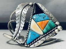 JAW DROPPING FAB VINTAGE NAVAJO TURQUOISE INLAY STERLING SILVER LEAF BRACELET picture
