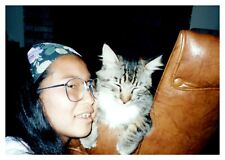 1990s Young Girl With Cat Kitten Vintage Snapshot Photo California picture