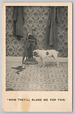 Postcard Dog Looking at Puddle On Floor - Now They'll Blame Me For This Vintage picture