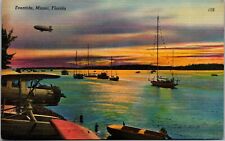 Postcard Miami FL Florida Eventide Sunset Blimp Motor & Sail Boats Sea Plane  picture