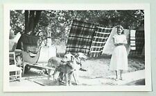 Pretty Young Woman Admiring Dog Drawn Cart B&W Snapshot Photograph 9146 picture