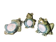 Frog Figurines Set of 3 Green Glazed Ceramic Relaxing Frogs Vintage picture