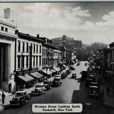 c1940s Peekskill, NY Division Street South Downtown Store Sign Crowd Car PC A201 picture