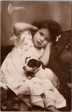 c1900s England UK Real Photo RPPC Greetings Postcard Little Girl w/ Dog 
