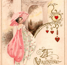 Valentine Postcard Winsch Schmucker Art Nouveau Lady Pink Parasol Cape Hearts picture