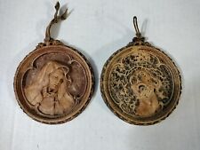 Pair Of Antique Mary & Jesus Religious Clay Or Resin Hanging Wall Plaques Vrg picture