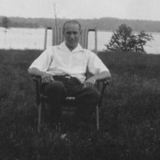 3U Photograph Handsome Man Sitting In Lounge Chair Near Lake 1930-40's picture