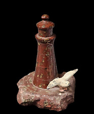 Vintage Hardstone Carved Sculpture Lighthouse w/ Seagull 4” BEACH, SEASCAPE picture