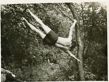 Shirtless Handsome young man acrobat athlete bulge beach trunks gay vtg photo picture