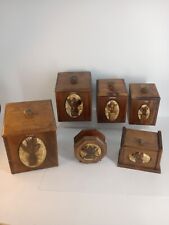 Vintage 1970s Resin Medallion Kitchen Canisters, Recipe Box, Napkin Cradle Set picture