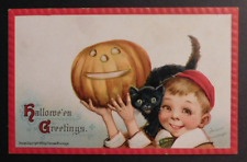 Mint USA Picture Postcard Halloween Smiling Child Holds Pumpkin Black Cat picture