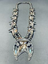OWL VINTAGE ZUNI TURQUOISE STERLING SILVER SQUASH BLOSSOM NECKLACE picture